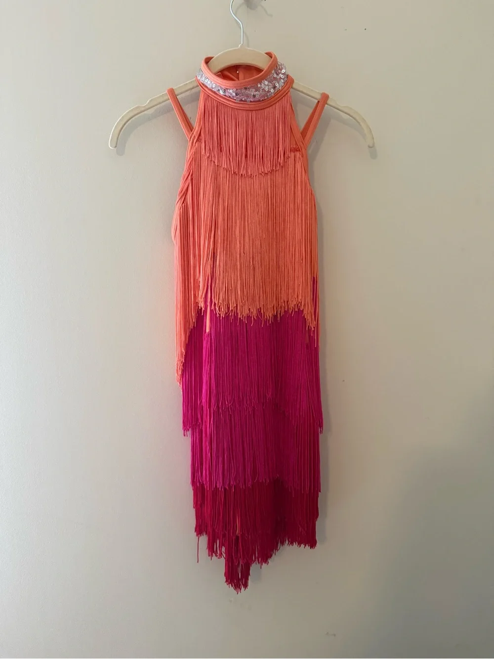 Weissman Coral and Fuchsia Layered Fringe Dance Dress